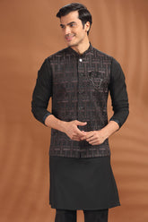 Black Silk Kurta Pajama with Embroidered Jacket